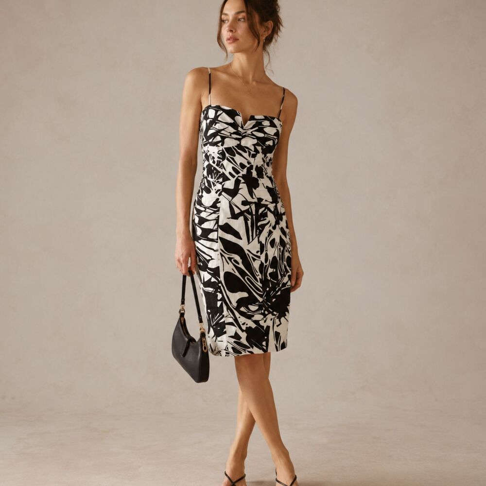 VTG Y2K Cache black & White Bodycon Midi Dress w Spaghetti Straps, 8 M Abstract